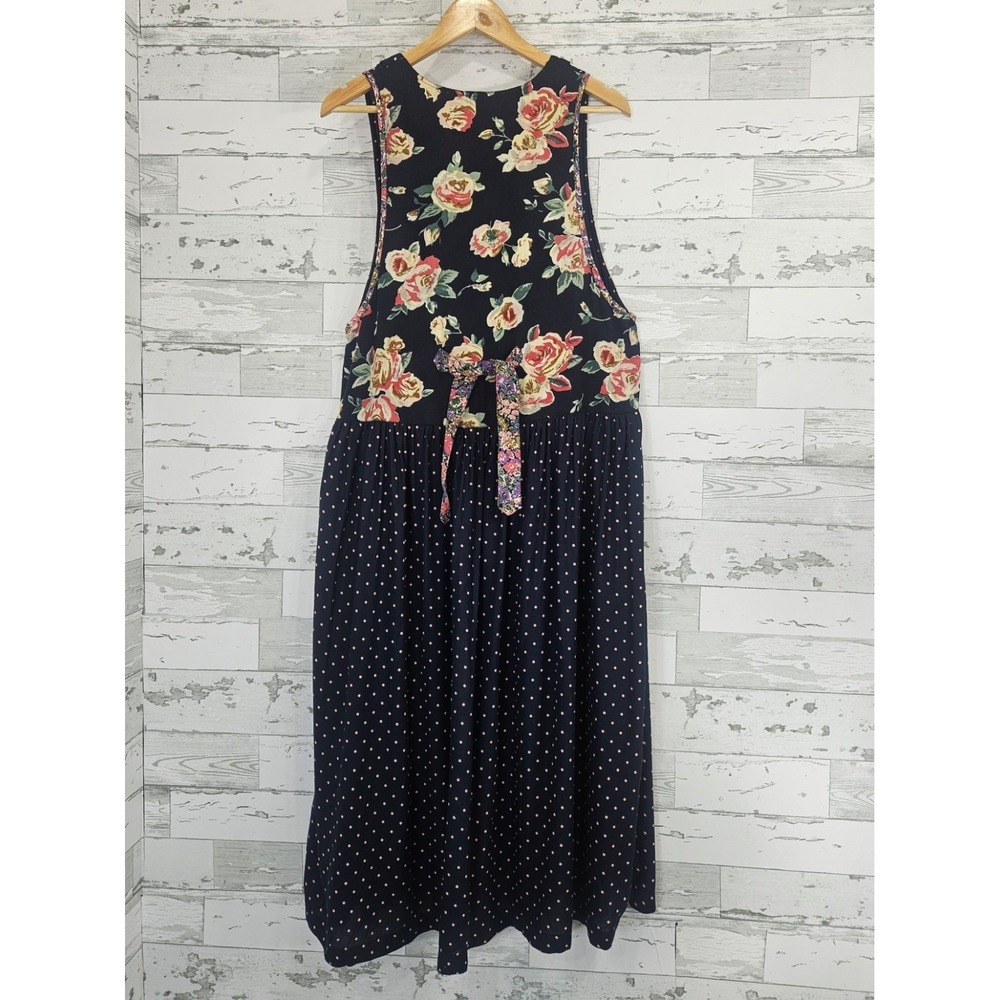 Styleworks Vintage Navy Polka Dot Floral Midi Dress Sleeveless Rayon Size 12
